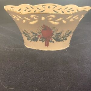 Lenox “Winter Greetings” cardinals pierced basket.